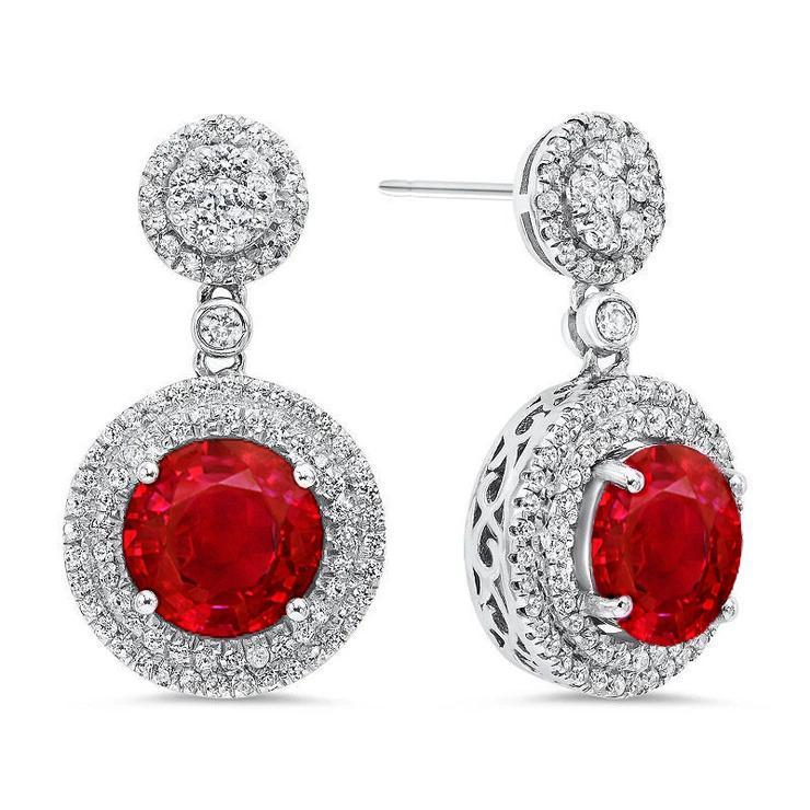 64259 5.82 CT Round Cut Ruby with Diamonds Dangle Earrings, White Gold