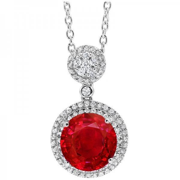 64904 4.75 CT Round Cut Red Ruby & Diamond Pendant, 14K White Gold