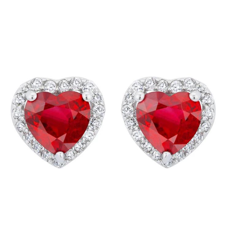 3 CT Heart Shaped Ruby Diamond Halo Stud Earring, 14K White Gold