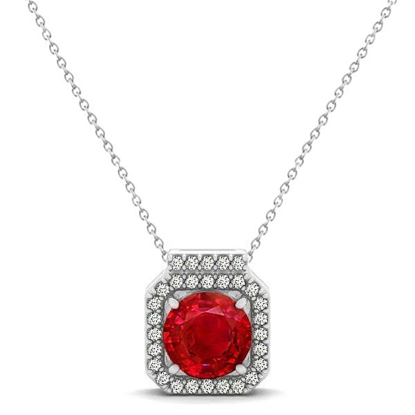 62147 4.00 CT Red Ruby with Diamonds Pendant with Chain, 14K White Gold