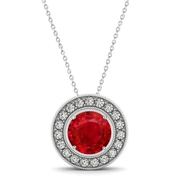 62163 Bezel Set Ruby with Diamonds 4.50 CT Pendant Necklace, 14K White Gold