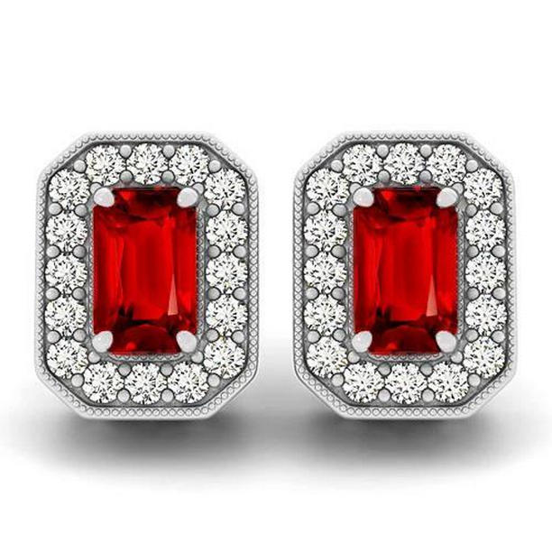 6.50 CT Ruby & Diamonds Stud Earrings, 14K White Gold