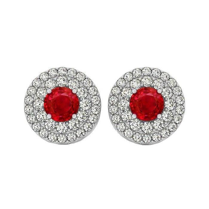 6 CT Round Cut Ruby & Diamonds Halo Stud Earrings, 14K White Gold
