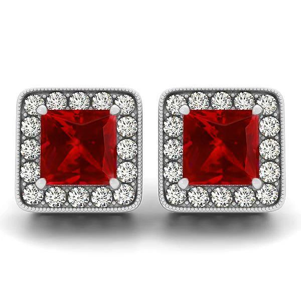 62170 6.70 CT Ruby with Diamonds Lady Stud Earrings, 14K White Gold