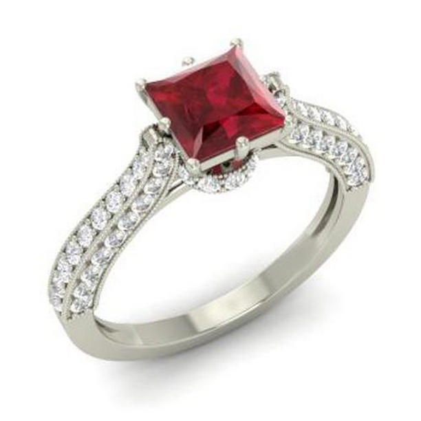 4.35 CT Princess Cut Ruby with Round Diamonds Ring, White Gold - Size 6.5