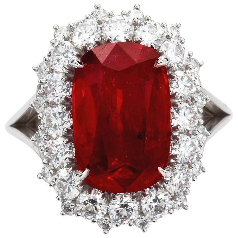 64289 7.25 CT Big Cushion Cut Red Ruby with 14K White Gold Diamond Ring, Size 6.5
