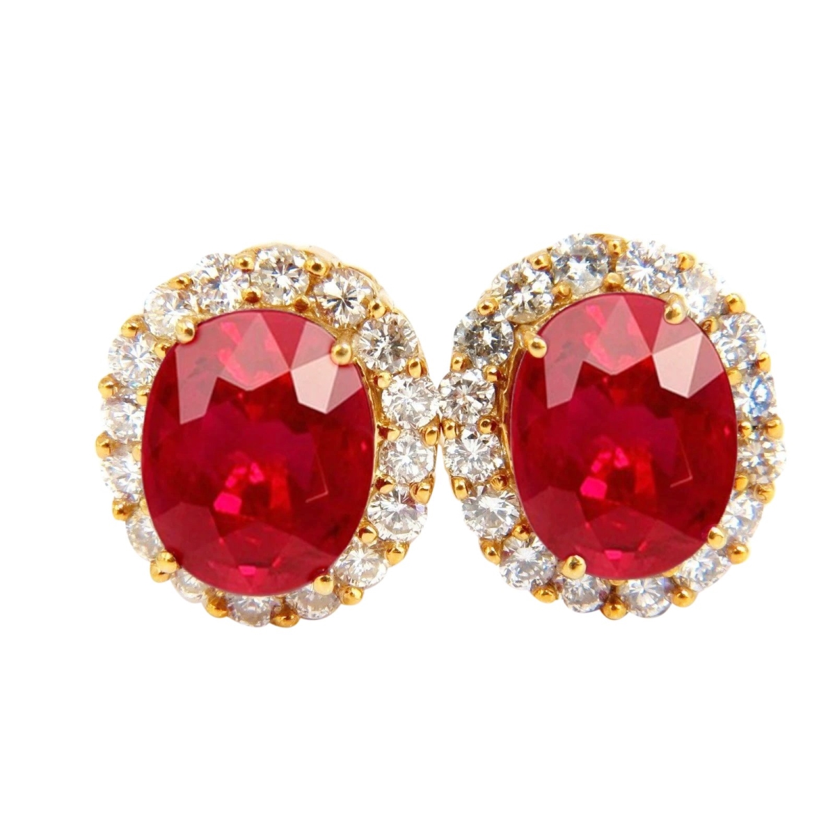 9 CT 14K Yellow Gold Oval Red Ruby & Diamond Pair Stud Earrings