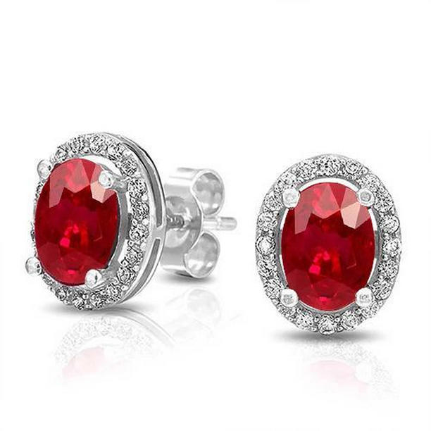6.10 CT Oval Ruby with Round Diamond Halo Stud Earrings, 14K White Gold