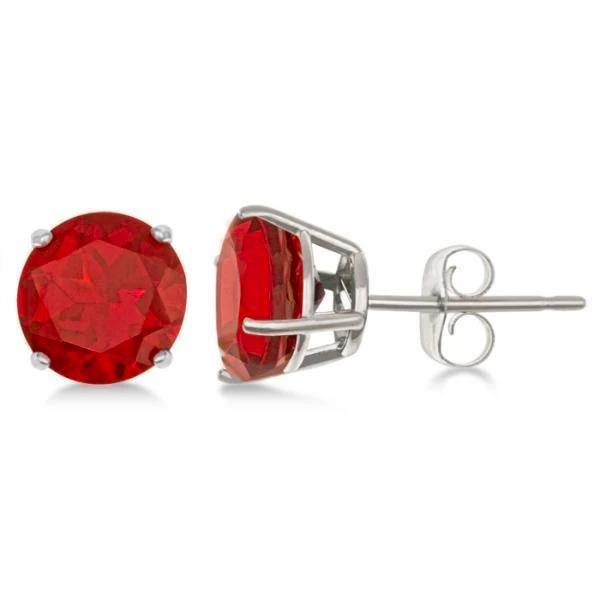 6 CT Big Solitaire Round Ruby Ladies Stud Earrings, 14K White Gold