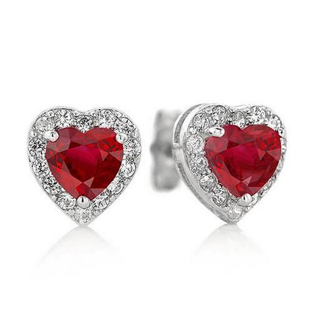 6 CT Heart Ruby with Diamonds Halo Stud Earrings, 14K White Gold