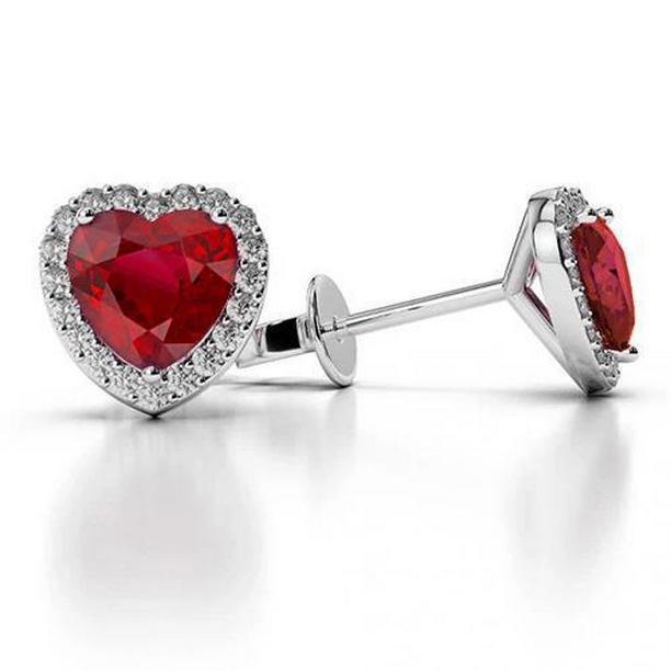 52348 4.80 CT Heart Ruby & Halo Diamond Stud Earrings, 14K White Gold