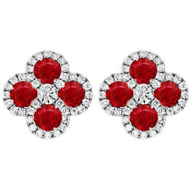 5 CT Round Cut Ruby & Halo Diamond Stud Earrings, 14K White Gold
