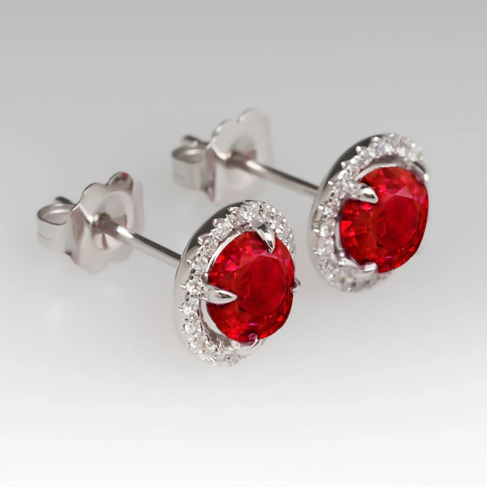 6.40 CT Ruby & Diamonds Stud Halo Earrings, 14K White Gold
