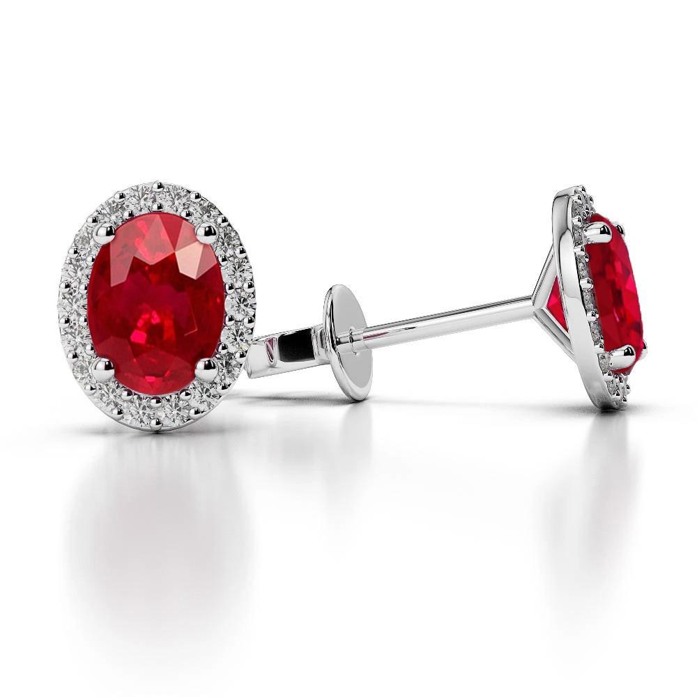 54829 Oval Cut Ruby with Diamond 5.90 CT Stud Earrings, 14K White Gold