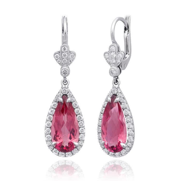 16 CT Pink Tourmaline with Diamonds Dangle Earrings, 14K Gold