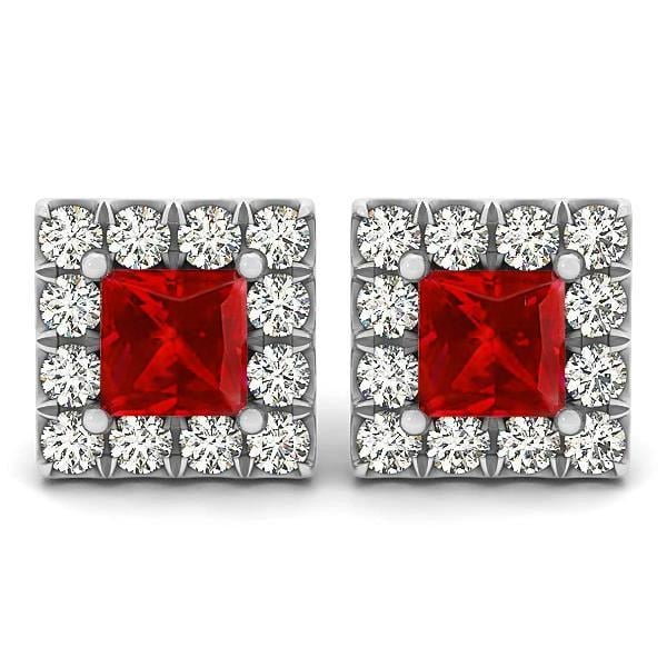 61612 Red Ruby & Diamonds 6 CT Stud Earrings, 14K White Gold