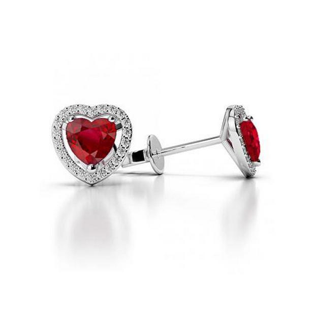 62214 2.70 CT Heart Cut Ruby with Round Diamonds Lady Halo Studs, White Gold