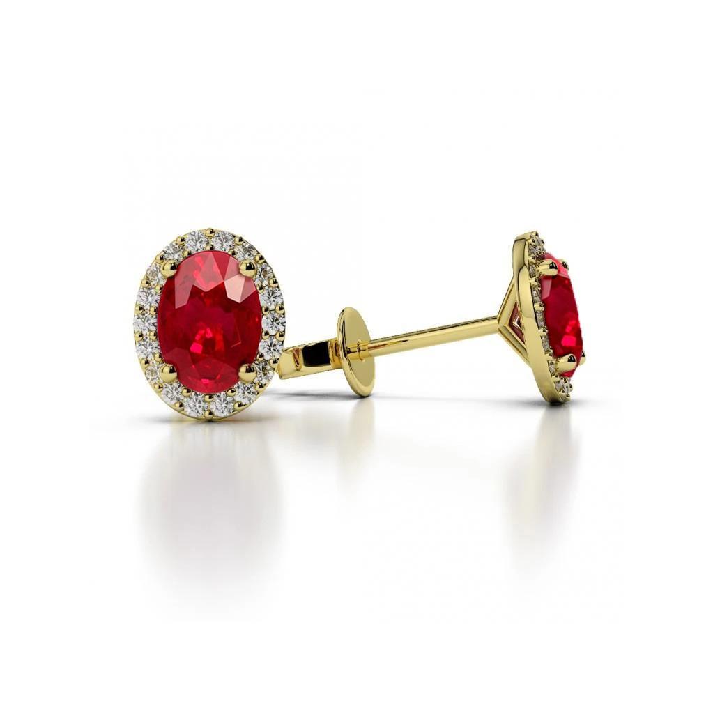 62217 5.20 CT Oval Cut Ruby with Round Diamond Stud Halo Earrings