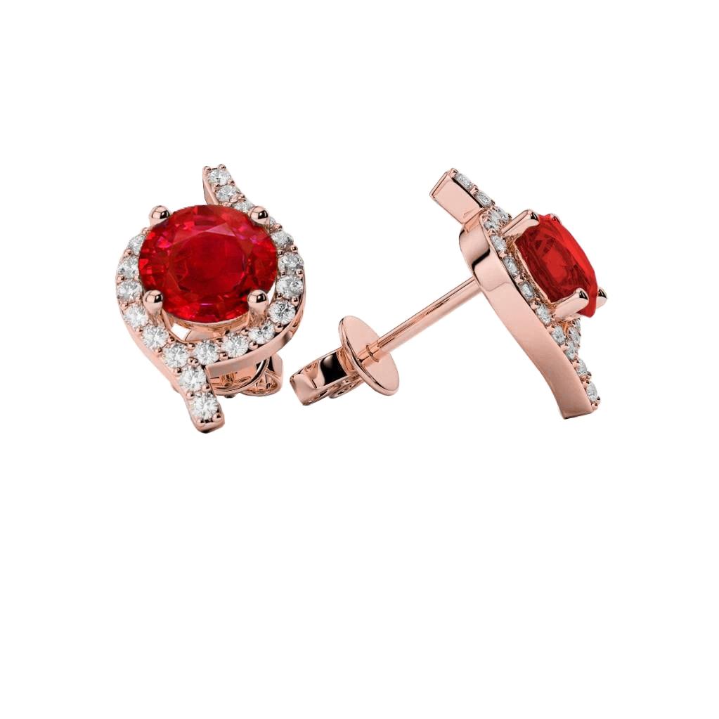 Round Cut 4.94 CT Ruby & Diamonds Stud Earrings, 14K Rose Gold