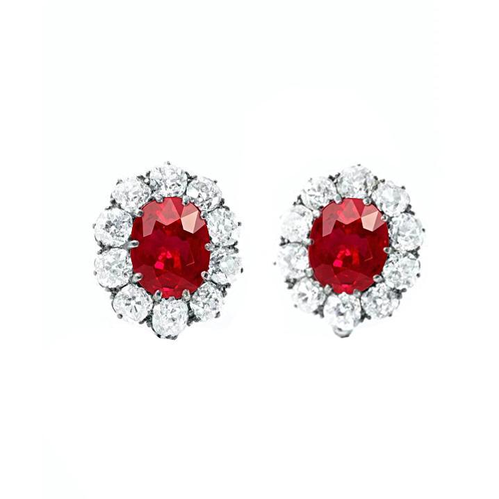 5.60 CT Red Ruby & Diamond Stud Earring, 14K White Gold