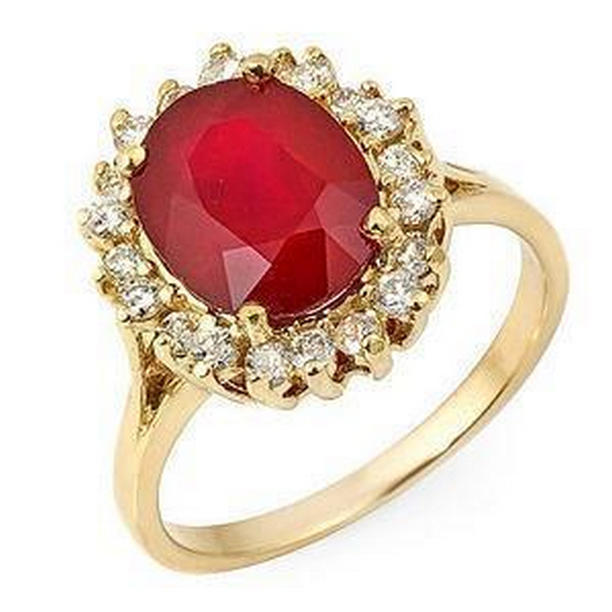 5.75 CT Red Ruby & Diamonds Ring, 14K Yellow Gold - Size 6.5