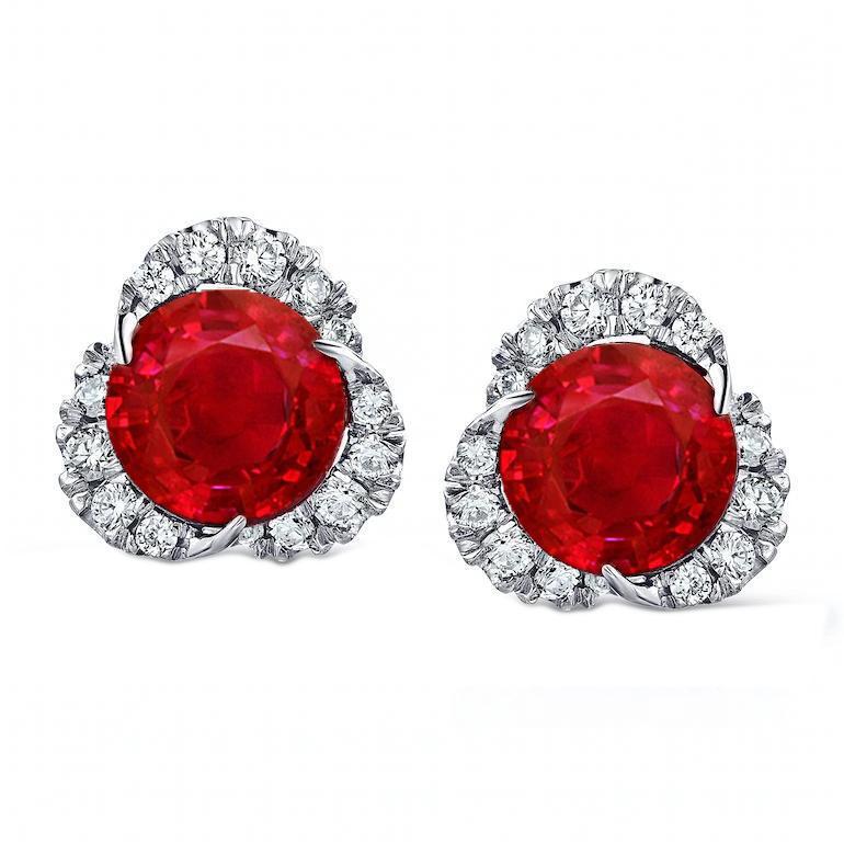 Red Ruby with Diamonds 4.90 CT Lady Halo Stud Earrings, White Gold