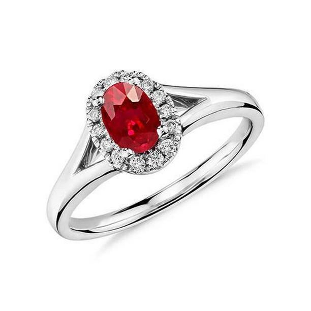 22300 1.20 CT Oval Shape Red Ruby Diamond Ring, 14K White Gold - Size 6.5