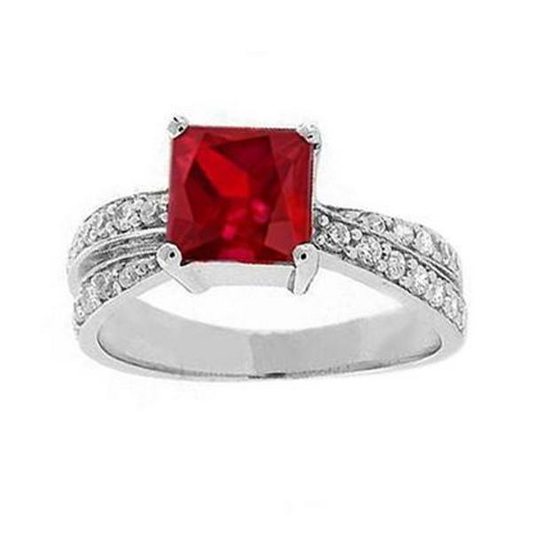Princess Cut Red Ruby with Diamonds 4.10 CT Ring, 14K White Gold - Size 6.5