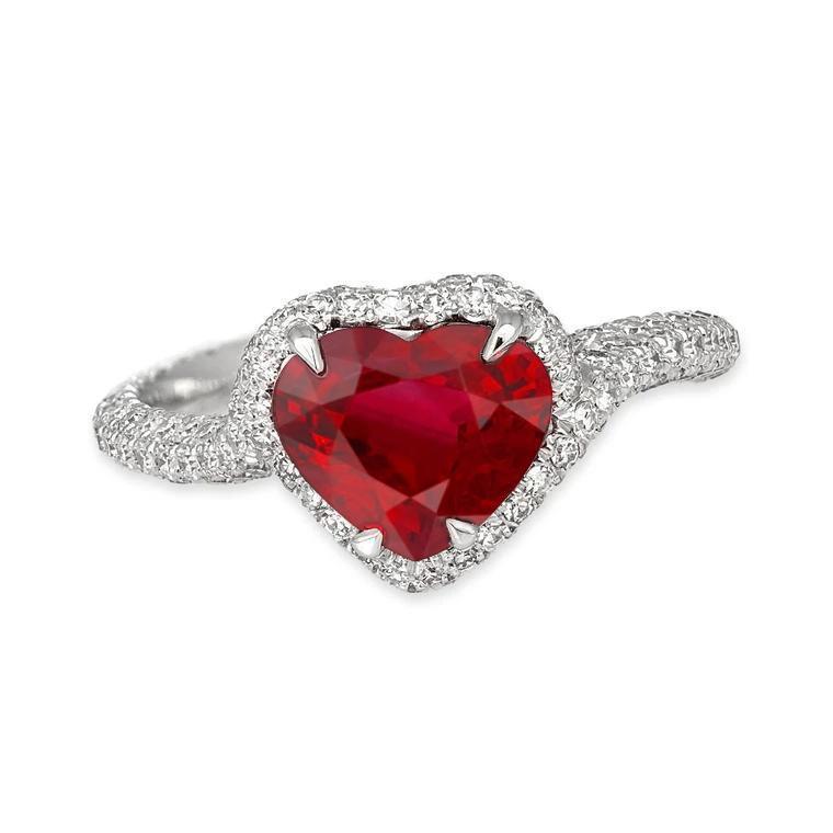 38918 3.70 CT Red Ruby with Diamonds Ring, 14K White Gold - Size 6.5