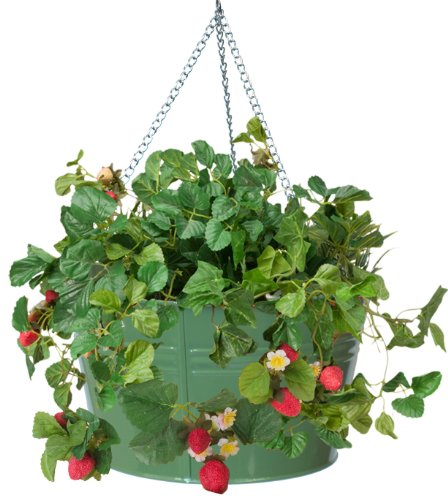 Enameled Galvanized Hanging Strawberry & Flower Planter, Sage