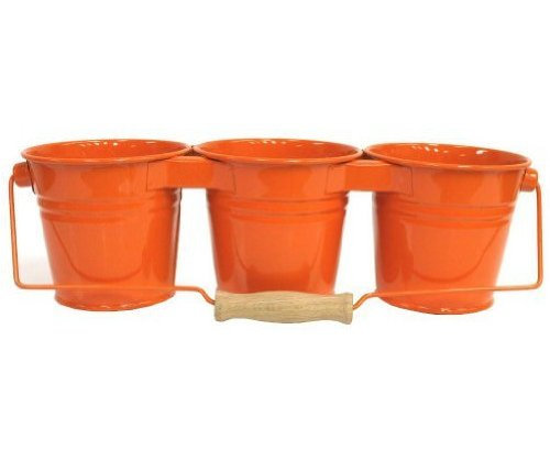 Enameled Galvanized Triple Planter With Wood Handle For 4.5 In. Pots, Tangerine