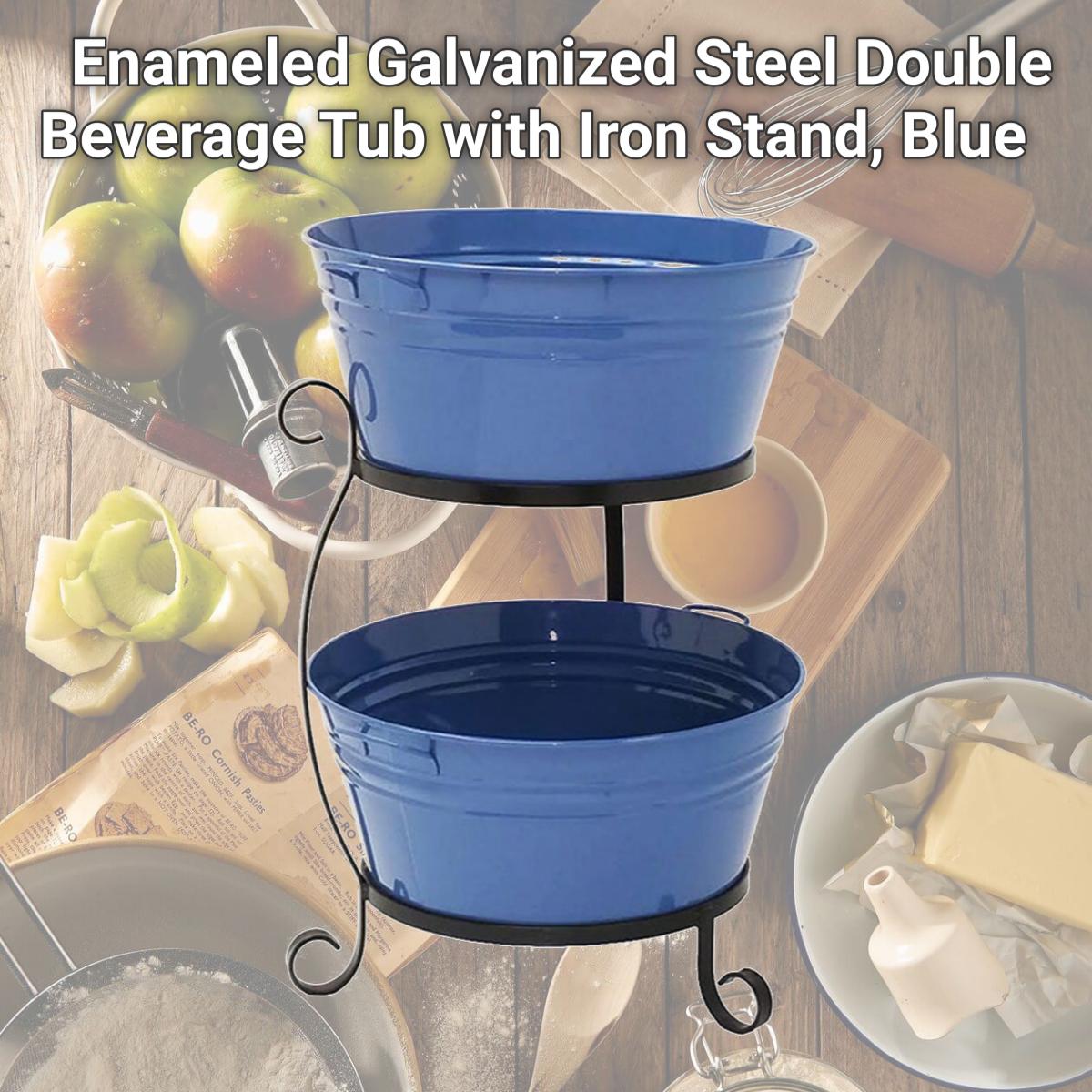 Picture of HIT 8025E B Enameled Galvanized Steel Double Beverage Tub with Iron Stand, Blue