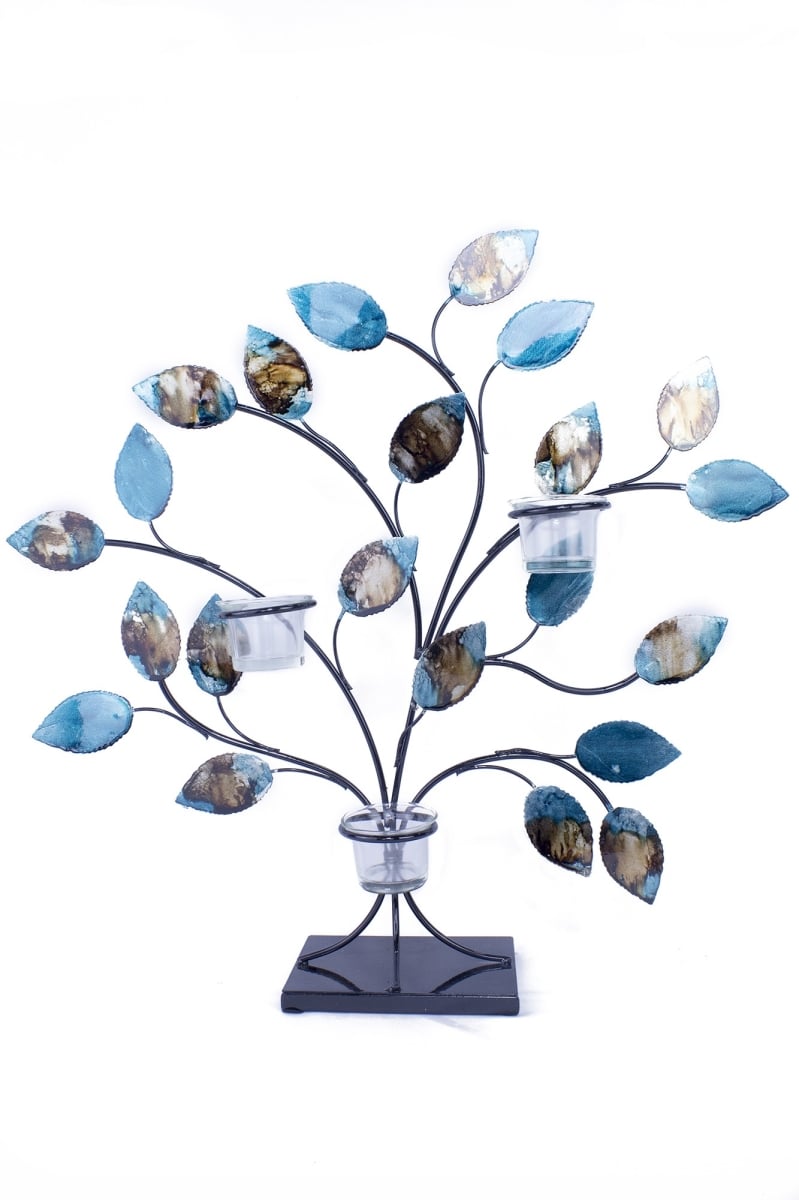 W08988ct-04 Tree Of Light Foiled And Lacquered Decorative 3 Votive Holder, Turquoise, Copper & Bronze