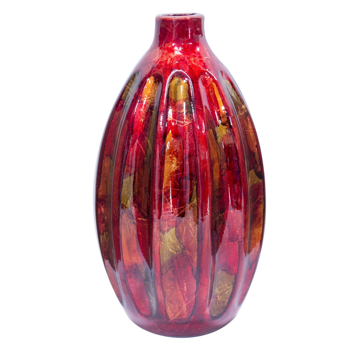 W08504-06 Brandy Foiled & Lacquered Ceramic Ridged Gourd Vase, Red