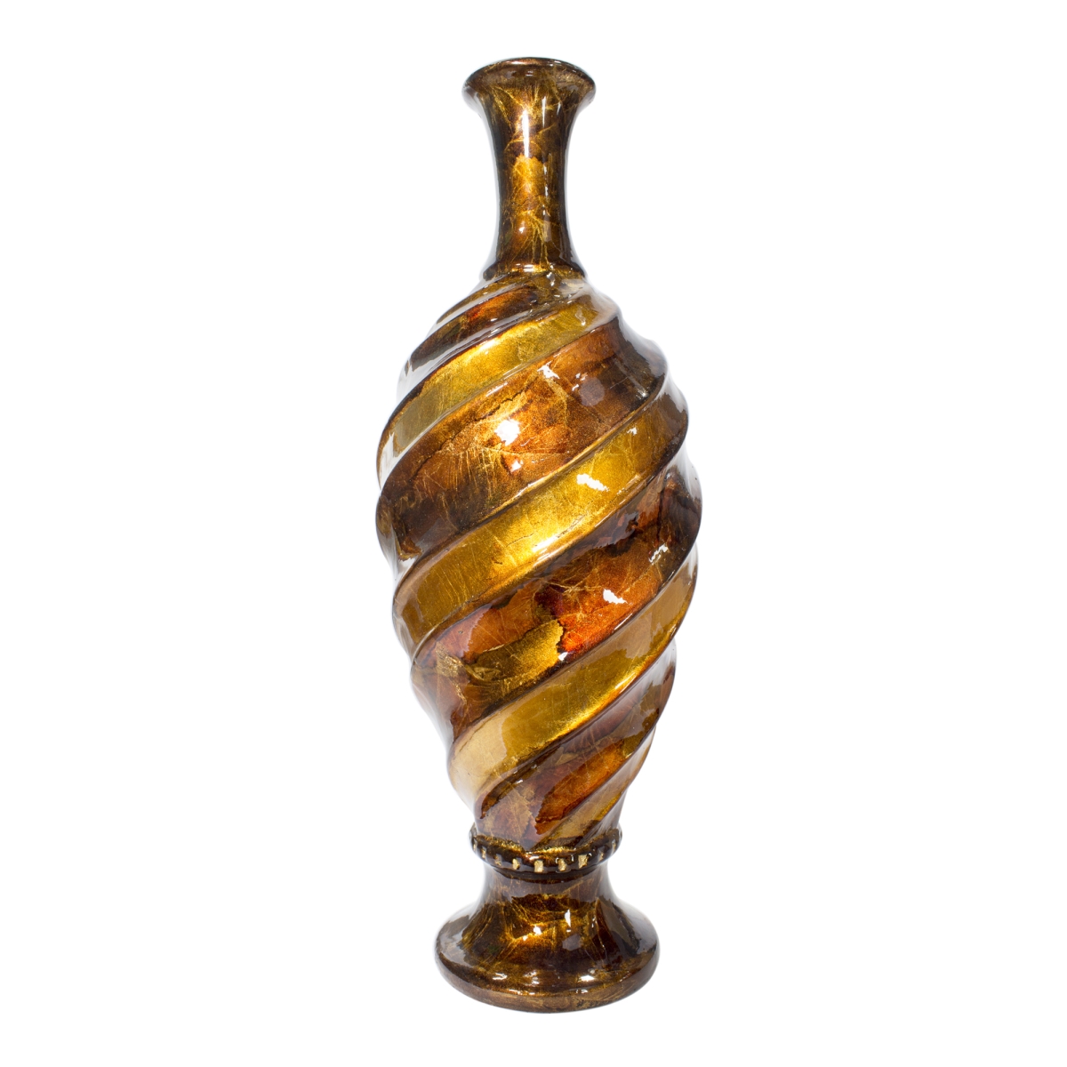 W085052-03 Twist Foiled & Lacquered Ceramic Turned & Ridged Bud Vase, Brown & Orange