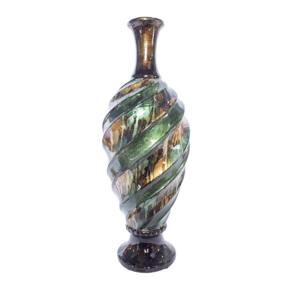 W085052-04 Twist Foiled & Lacquered Ceramic Turned & Ridged Bud Vase, Green