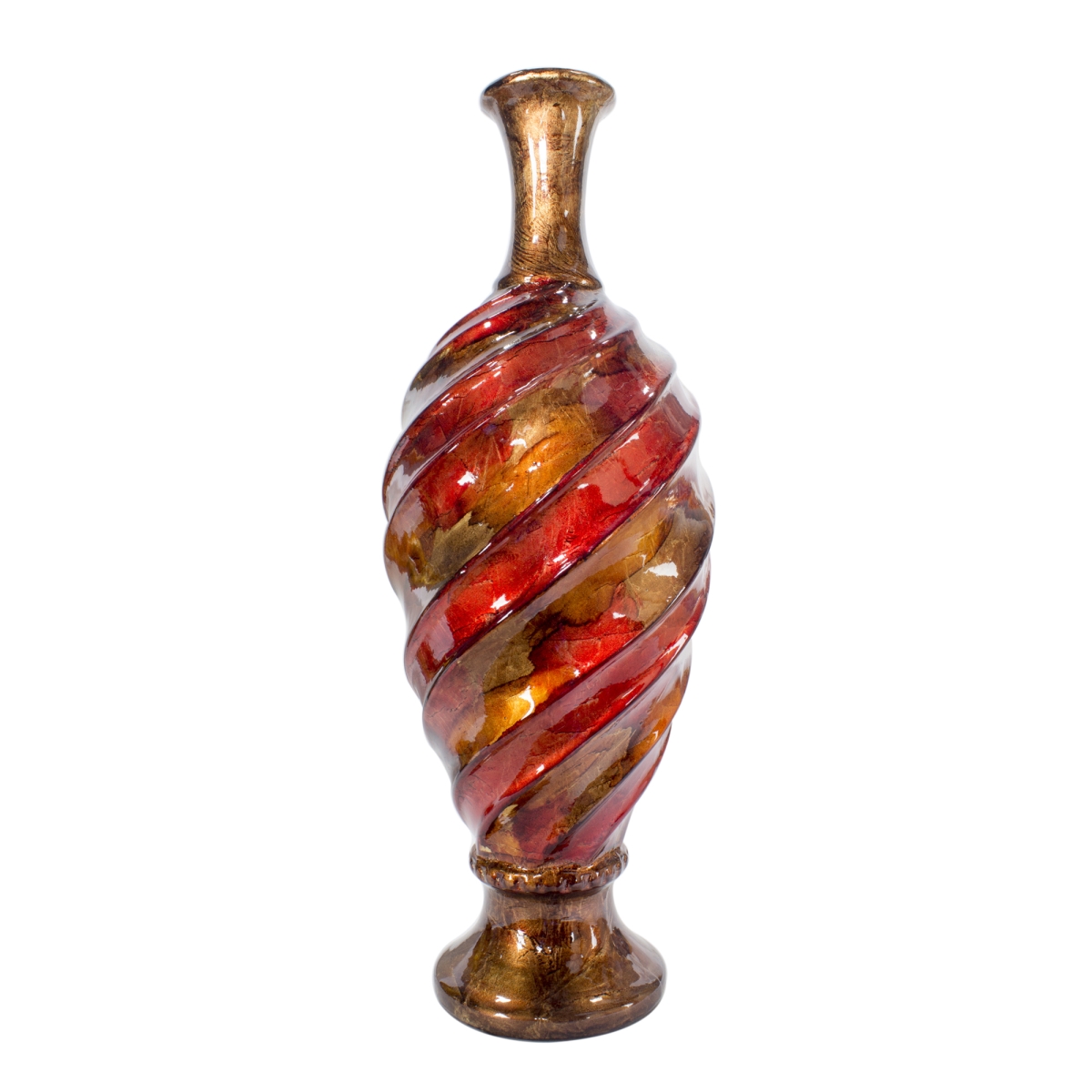 W085052-06 Twist Foiled & Lacquered Ceramic Turned & Ridged Bud Vase, Red & Brown
