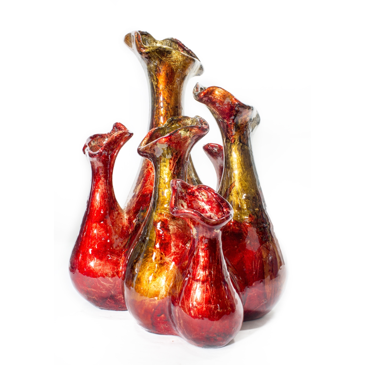W085144-06 Autumn Foiled & Lacquered Ceramic 5-bud Vase, Red & Orange