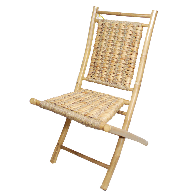 Kahala Bamboo Folding Chair With Open Link Weave Of Water Hyacinth & Seagrass, Natural - Set Of 2
