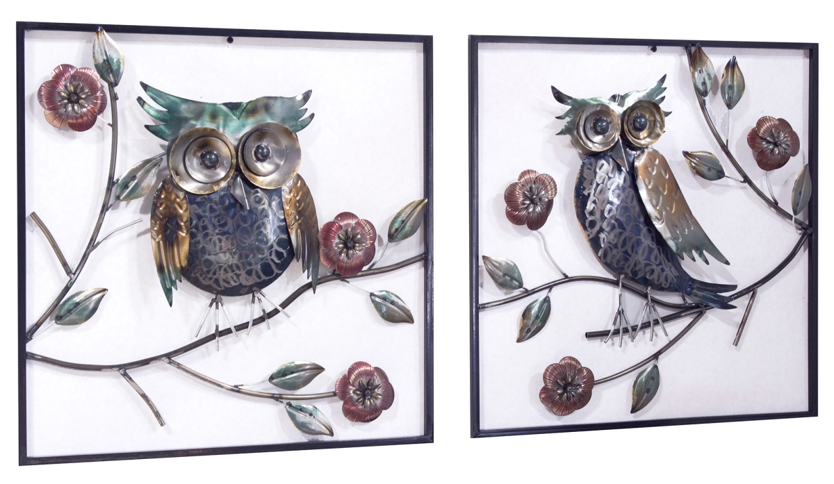 Midnight Garden Owl On Blooming Branches Square Wall Panel, Multi-color - Set Of 2