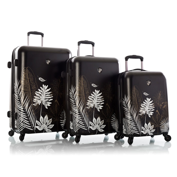 13113-3194-s3 Oasis Leaf Fashion Spinner Luggage, Black & Gold - 3 Piece