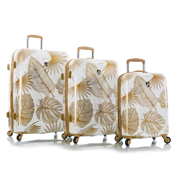 13113-3195-s3 Oasis Leaf Fashion Spinner Luggage, White & Gold - 3 Piece