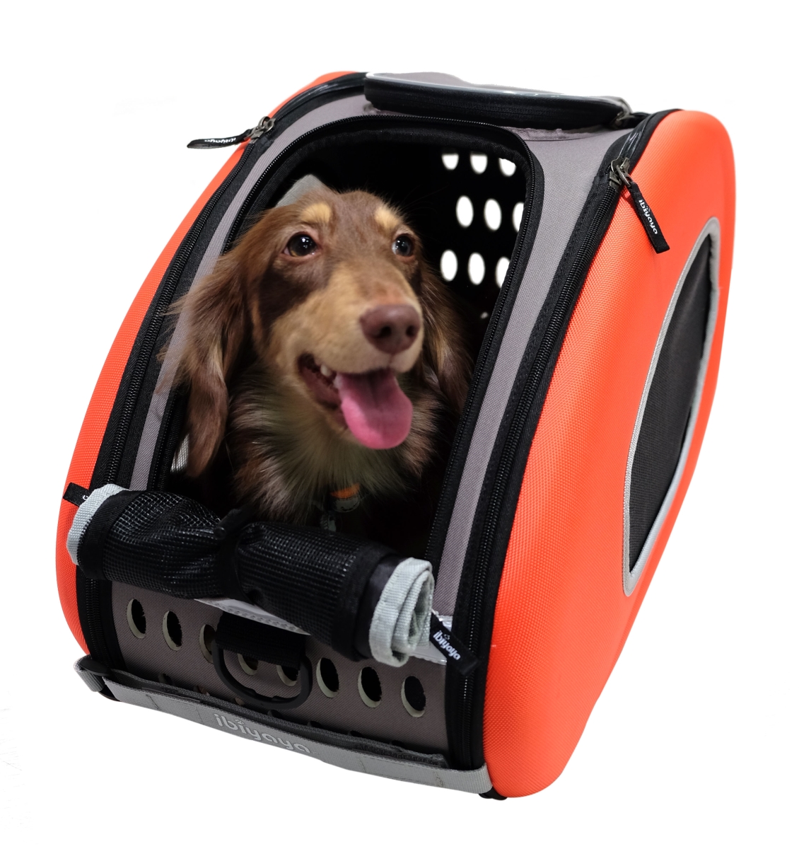 Picture of Ibiyaya FS1009-O 5-in-1 EVA Pet Carrier-Stroller Dog-Cat Sling Bag Backpack with Wheels&#44; Car Booster Combo&#44; Orange - Small