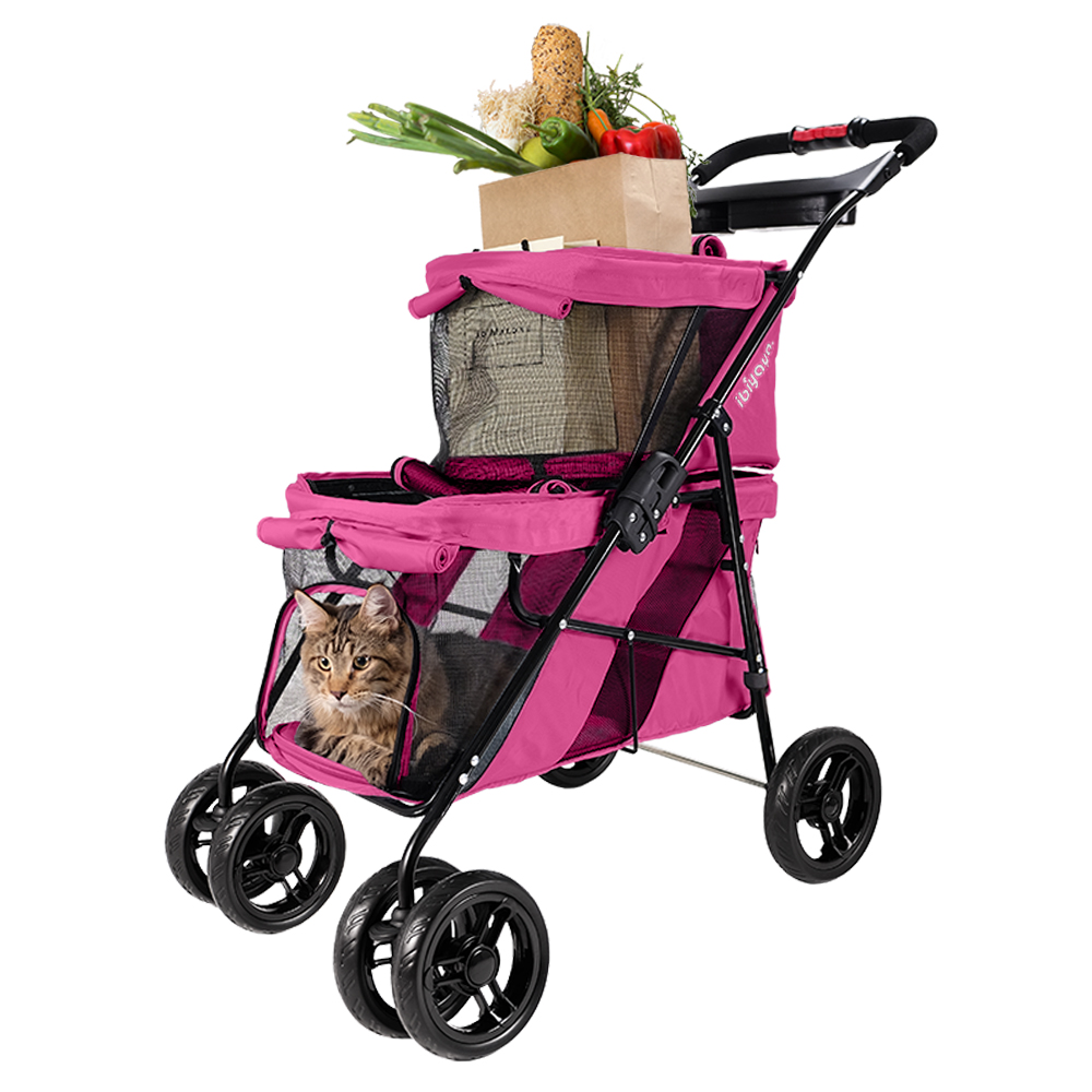 Picture of Ibiyaya FS1770-P Double Decker Pet Bus with 4-Wheel Foldable&#44; Double Dog-Cat Stroller&#44; Red Violet