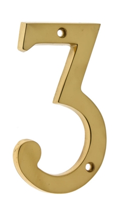 23023-003 4 In. Cast Solid Brass House Number 3, Polished Brass
