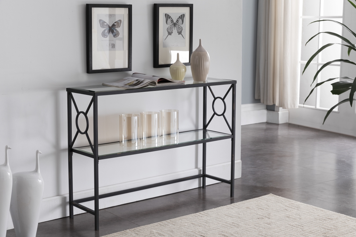 C1300 Metal & Tempered Glass Console Table - Black With Brushed Copper