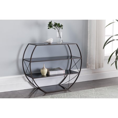 C1950 Metal & Black Tempered Glass Modern Entryway Console Table - Pewter, 29.5 X 36 X 13 In.