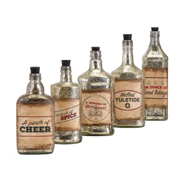 Imax 82144-5 Homestead Christmas Vintage Label Glass Bottles, Brown - Set Of 5