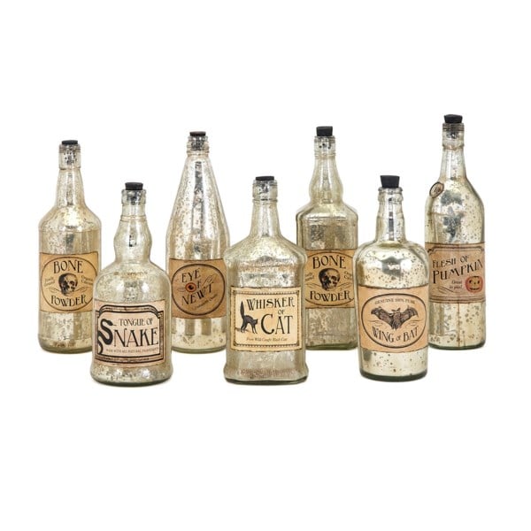 Imax 82151-7 Apothescary Halloween Vintage Label Glass Bottles, Gold - Set Of 7