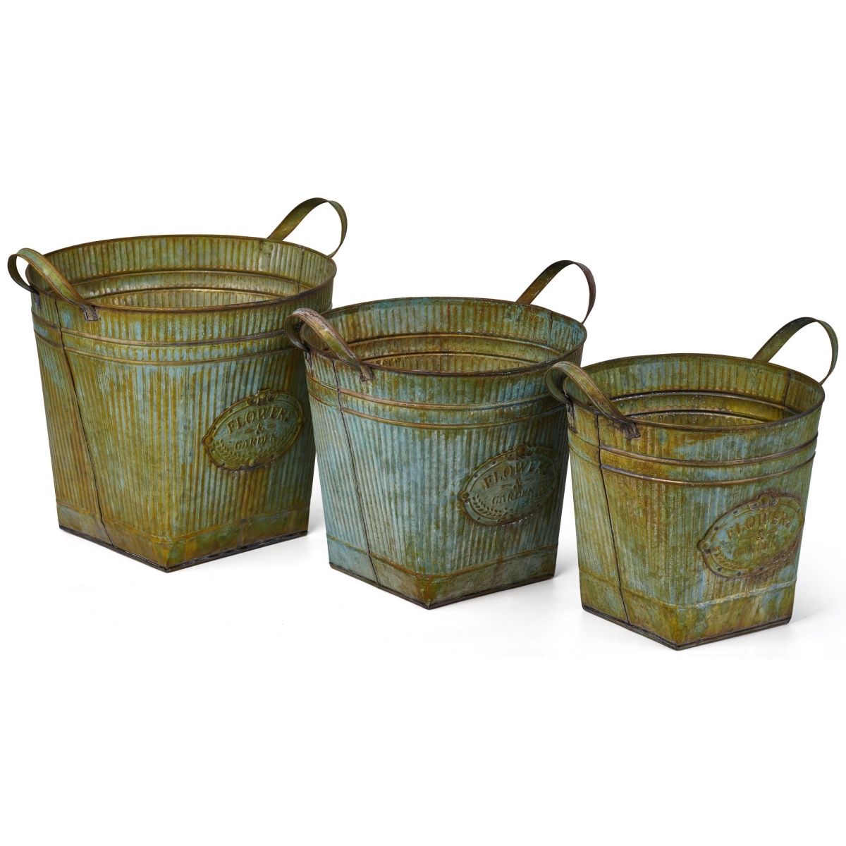 Imax Z27804-3 Werner Galvanized Planters With Rusted Finish - Green, Set Of 3